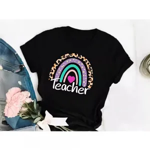 Stylish black women's casual T-shirt with Teacher rainbow and leopard graphic print