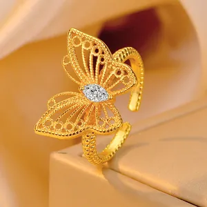 Gold filigree hollow butterfly open ring with sparkling marquise diamond for women