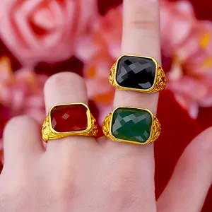 Men's Vietnam Sand Gold Plated Adjustable Ring With Square Faux Agate Stone Vintage Totem Relief Ethnic Style Open Finger Ring Jewelry