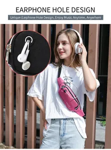 Detail of pink sports waist bag with functional earphone hole for headphones