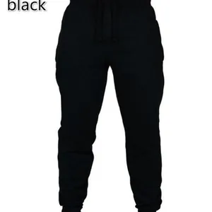Men's solid black casual joggers featuring an adjustable drawstring and elastic ankle cuffs.
