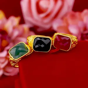Men's gold-plated adjustable rings with faux green, black, red gems and totem engraving