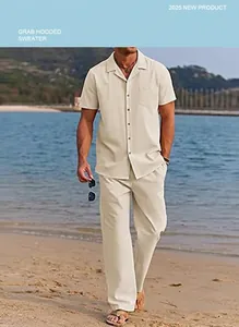 Full view of men's beige short sleeve beach shirt and matching loose pants summer set