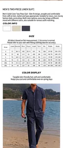 Detailed size chart and product view of men's two-piece solid color linen beach suit