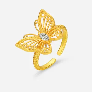 Elegant gold hollow 3D butterfly open adjustable ring with sparkling marquise diamond