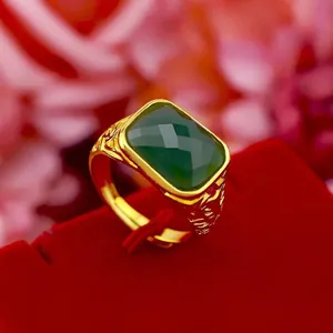 Elegant men's gold-plated adjustable ring with large faceted green faux jade stone
