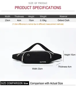 Detail view showing dimensions of black oxford sports waist bag: 23x10x4cm and 0.1kg weight