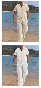 Men's casual 2-piece solid beach set featuring button-down shirt and loose pants.