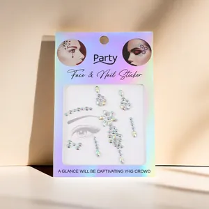 Detailed view of iridescent face and nail rhinestone stickers in party packaging