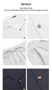 Detailed view of men's linen-blend shirt collar, buttons, and drawstring waistband