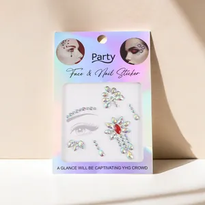 Close-up of iridescent face and nail crystal stickers in various decorative shapes