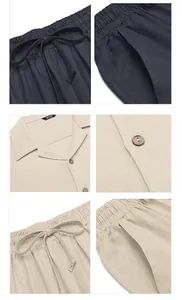 Close-up details of men's casual linen set showing wooden buttons and drawstring waist