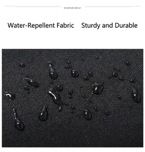 Close-up macro detail of the black waterproof fabric showing water-repellent droplets