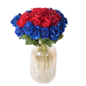 Realistic artificial red and blue velvet roses bouquet for wedding home decoration