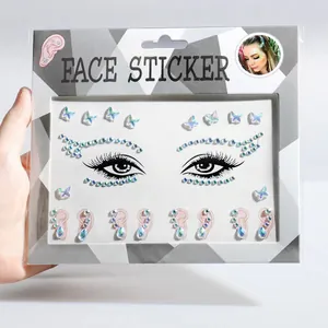Butterfly face rhinestone stickers and crystal gems for stage makeup decoration.