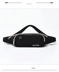 Front view of a black waterproof sports waist bag with a headphone port and BATONE logo