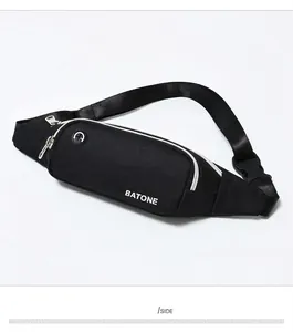 Close-up side view of a black waterproof sports waist bag with BATONE logo and zipper.