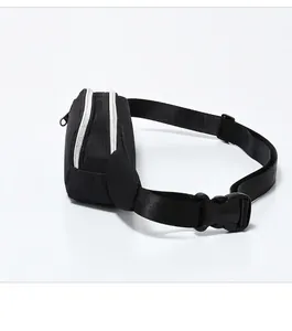 Side view of a black slim waterproof sports waist bag with adjustable strap and buckle