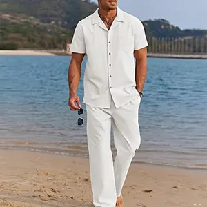 Men Casual Polyester Top And Bottom Short Sleeve Button Down Shirt And Loose Long Pants Solid Color Beach Vacation Outfit