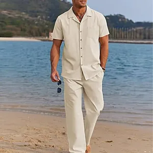 Men's casual two-piece summer beach set with short sleeve button shirt and loose pants.
