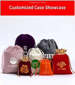 Detailed view of colorful velvet drawstring jewelry pouches for custom gift packaging