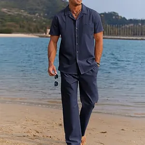 Men's two-piece beach set with short-sleeve button-up shirt and loose pants in navy blue