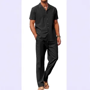 Men's black casual two-piece set with short-sleeved button-down shirt and loose pants