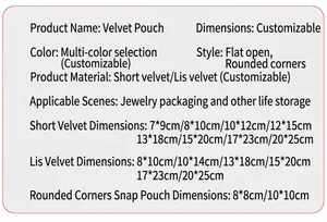 Comprehensive size chart for velvet jewelry drawstring storage bags with specifications