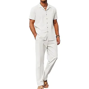 Men's two-piece casual beach set with short-sleeve button-down shirt and loose pants