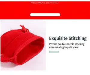 Macro detail view of a red velvet drawstring pouch showing precise double stitching