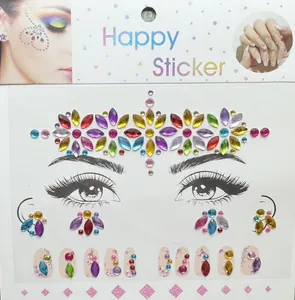Detailed layout of colorful crystal face and body rhinestone stickers for stage makeup