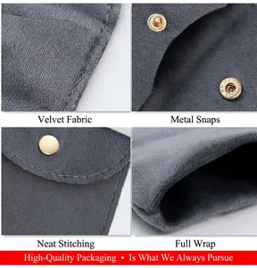 Detailed macro view of gray velvet jewelry pouch fabric, metal snap button and stitching