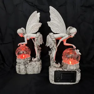 Adorno de Resina Hada de las Flores de Energía Solar Bola de Cristal Luminosa Estatua de Luz Decorativa para Jardín Exterior