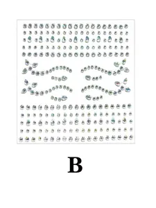 Detail of iridescent face jewel stickers with round and teardrop rhinestone patterns