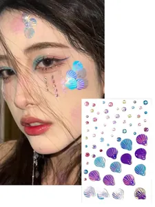 Detailed macro view of shell-shaped face gemstones and iridescent stage makeup stickers