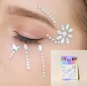 Iridescent rhinestone face jewels and nail stickers for party and festival makeup.