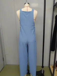 Back view of light blue textured sleeveless wide-leg jumpsuit on mannequin.