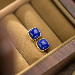 Minimalist S925 Silver Post Square Stud Earrings Gold Plated Lapis Lazuli Red Agate White Jade Geometric Earrings For Women
