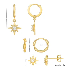 Detailed size measurements and multiple angles of gold star earrings set with zirconia stones