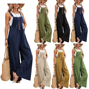 Detailed view of vintage solid color wide-leg overalls for women in multiple colors
