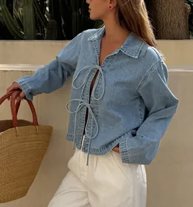 French style light blue denim top for women featuring chic front tie-up bow design details