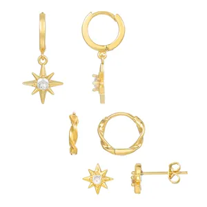 Elegant gold-plated star charm hoop earrings and twisted studs set with cubic zirconia