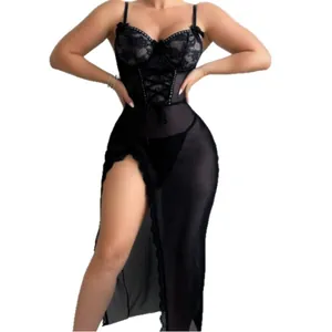 Sexy black lace mesh transparent lingerie dress with high slit and spaghetti straps