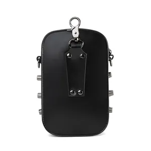 Rear view of a black punk style crossbody bag with silver studs and a metal clip