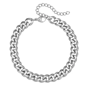 Polished silver-tone stainless steel curb chain bracelet for unisex hip-hop style