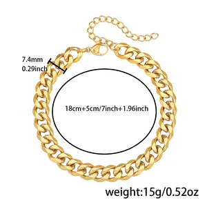 Gold stainless steel curb chain bracelet with 7.4mm width and adjustable length