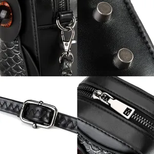 Detailed macro shots of the hardware and texture on this punk style owl crossbody bag