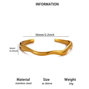 Minimalist wavy irregular stainless steel open cuff bracelet with 56mm inner diameter