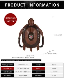 Unique turtle shaped crossbody bag featuring complete dimensions and specifications.