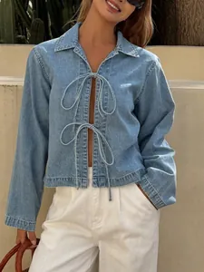 Women's French Tie-Up Denim Top Light Blue Washed Long Sleeve Lapel Bow Design Casual Fashion Denim Jacket For Women